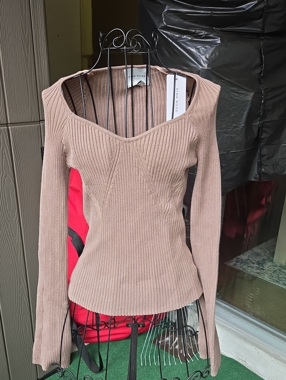 Pink Rose Ribbed V-Neck Long Sleeve Sweater